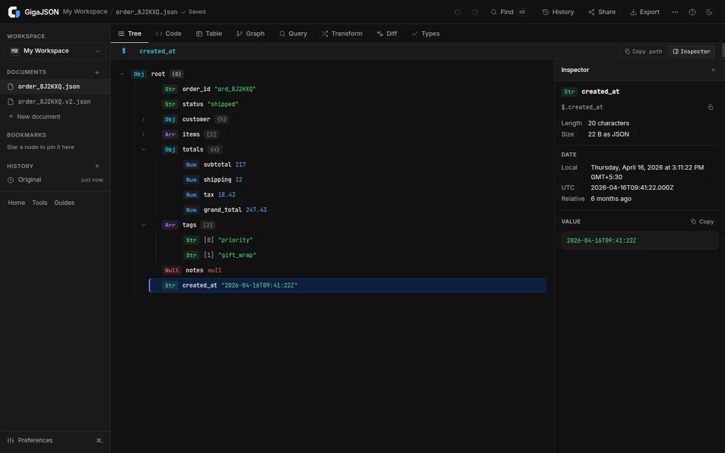 GigaJSON: Tree and Inspector